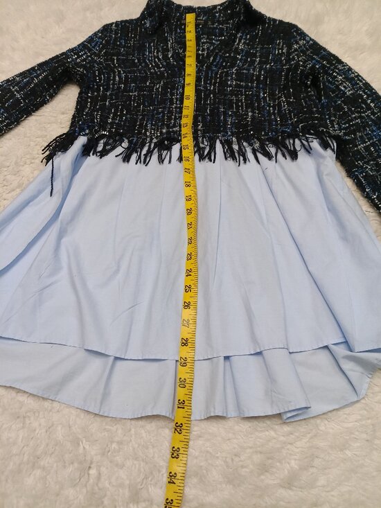 Zara Basic Women's Blue Black Tweed Fringe Poplin Tunic Top Blouse Collared - Picture 6 of 8